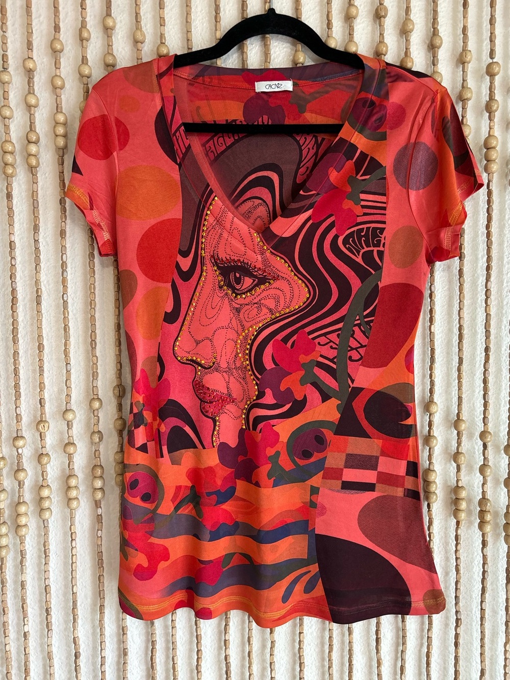 Vintage Cache y2k Embellished Red Orange Face Boho Glam V Neck Wine Mom Blouse S